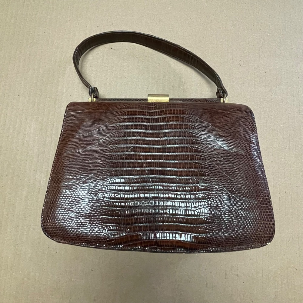 Vintage 50s Palizzio New York Brown Lizard Skin Top Handle Handbag Purse Kelly